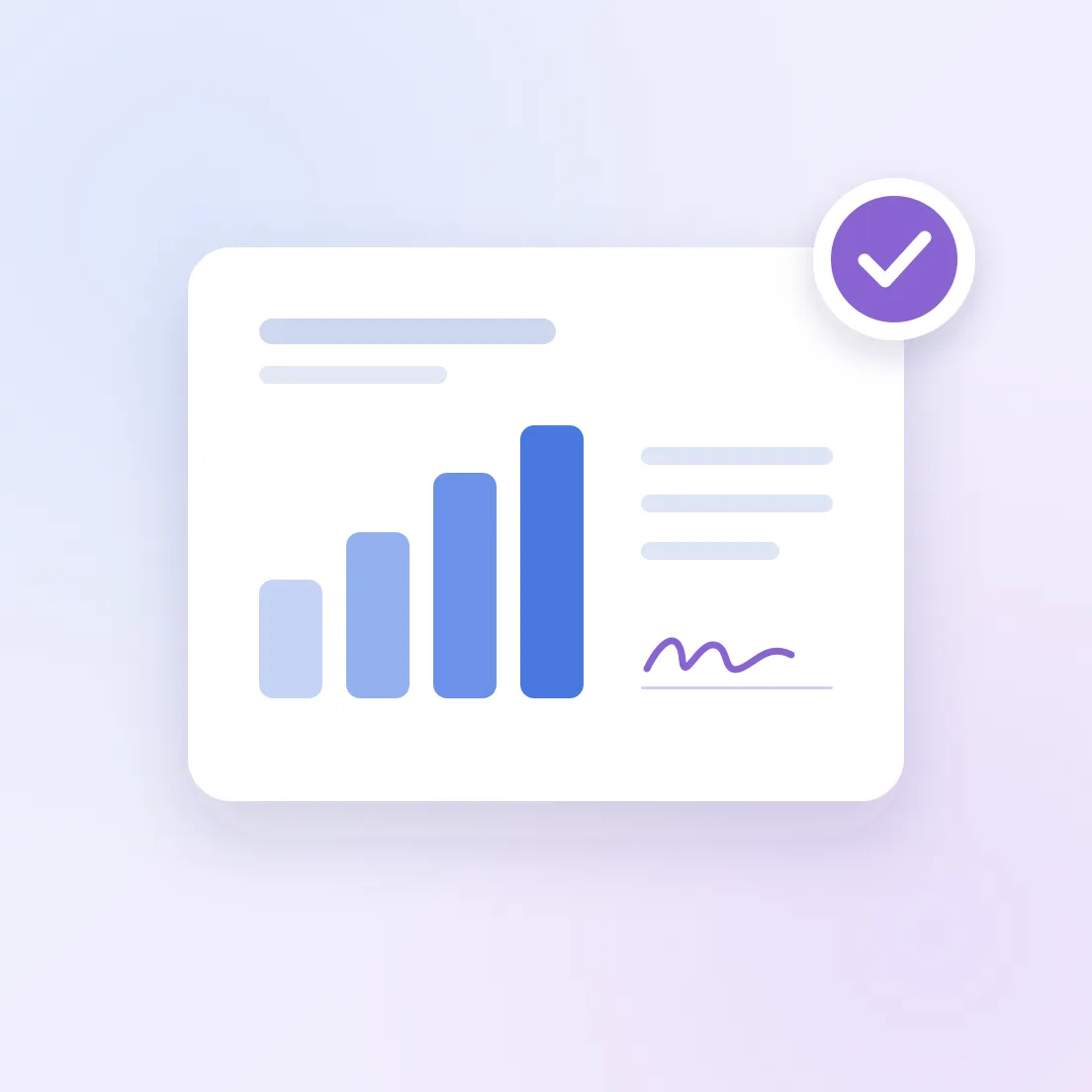 An abstract report card: blue bars that climb, a violet signature, and a violet check mark.