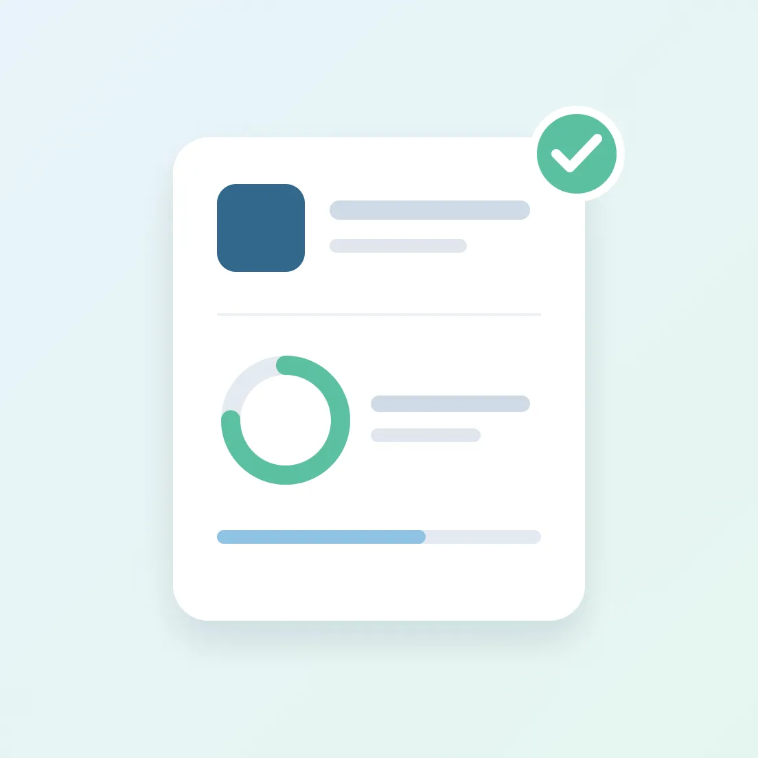 An abstract report card with a completeness ring, a progress bar, and a green check mark.