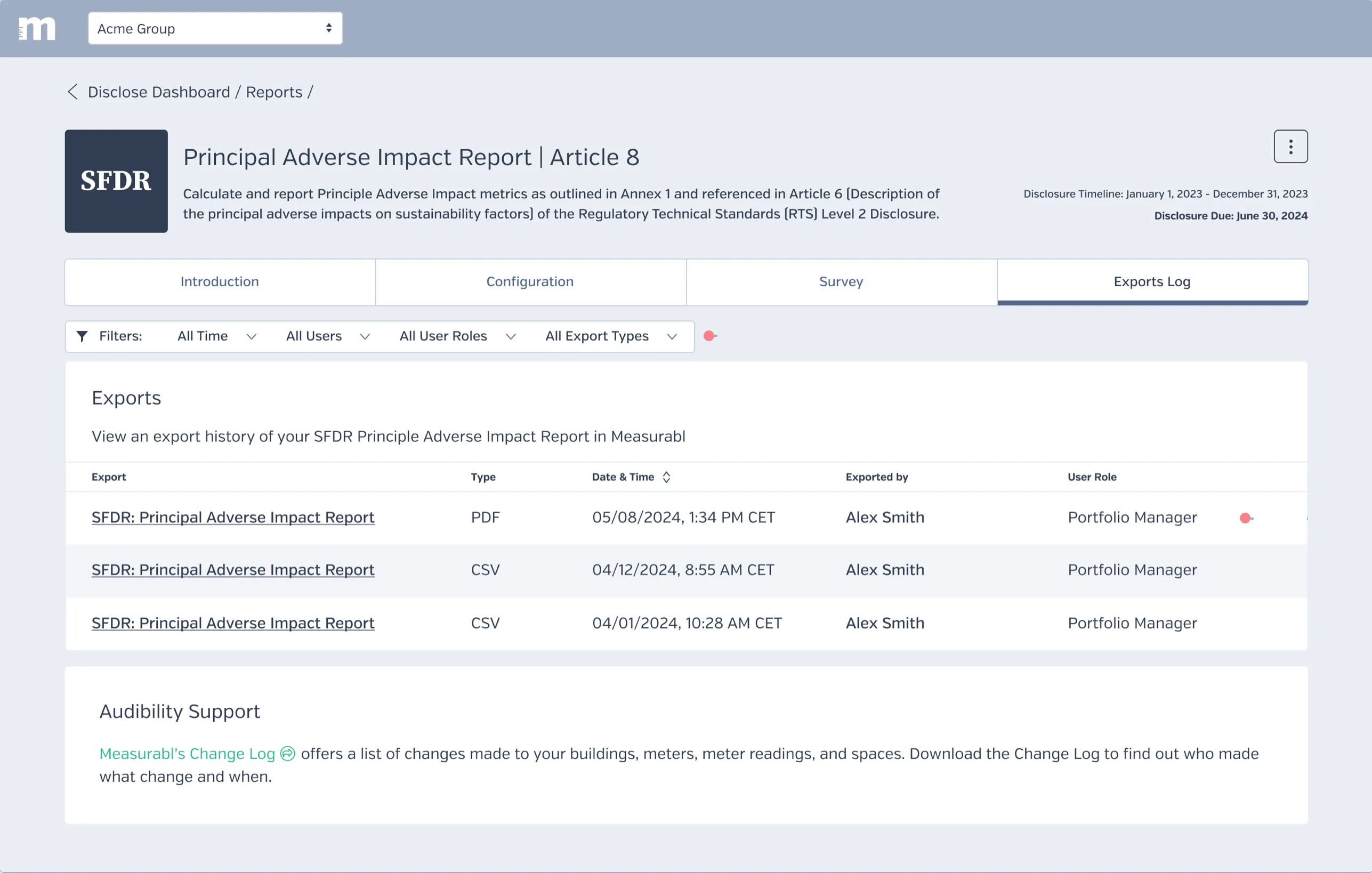 The exports log for the SFDR report: a filterable table of PDF and CSV exports with the date and time, who exported each one, and their role, above a panel linking to Measurabl's change log.