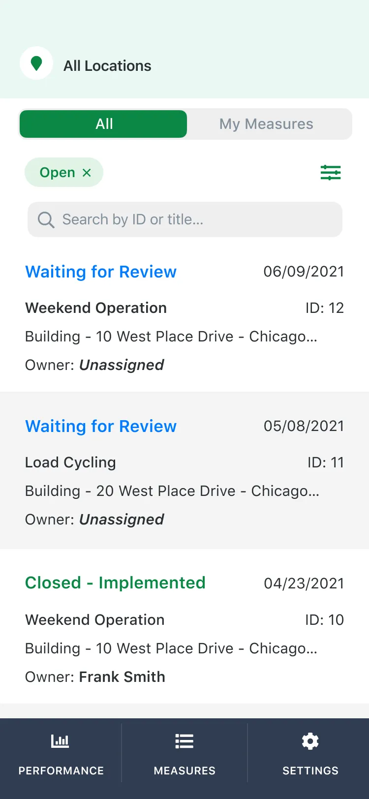 The Measures list on a phone. A location picker sits above an All and My Measures toggle, an Open filter chip, and a search field. Each card shows a status, date, measure type, ID, building, and owner.