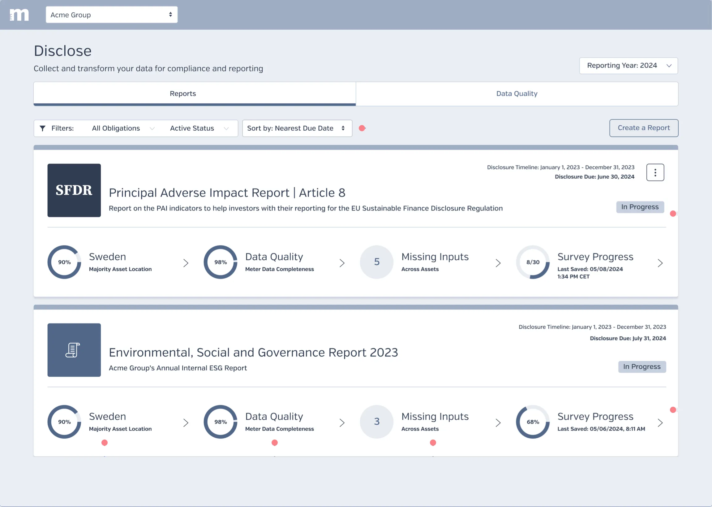 The Disclose dashboard listing an SFDR Principal Adverse Impact report and an annual ESG report. Each card shows the disclosure timeline, due date, status, majority asset location, meter data completeness, missing inputs, and survey progress.