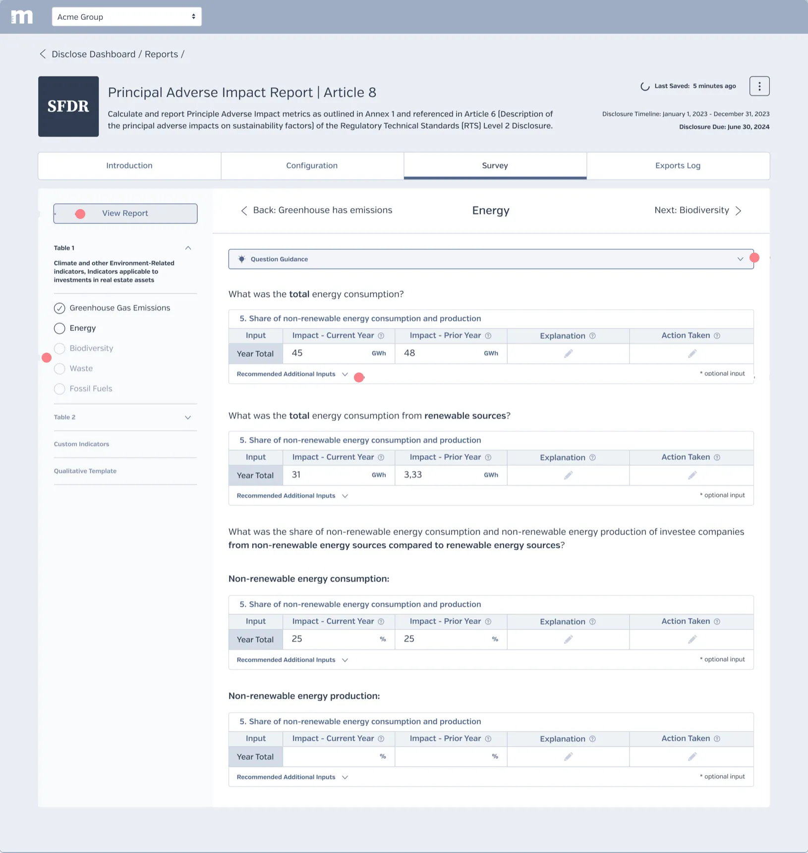 The survey tab of the SFDR report, open to the Energy section. A sidebar lists the survey sections with completion states, and each question shows current- and prior-year impact with fields for an explanation and the action taken.